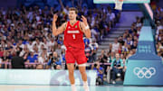 Germany guard Franz Wagner reacts after scoring against France.