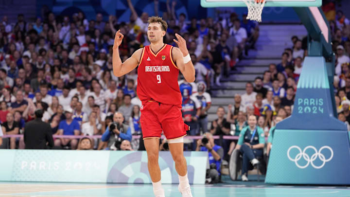 Germany guard Franz Wagner reacts after scoring against France. Germany guard Franz Wagner reacts after scoring against France.