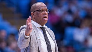 Nov 14, 2025; Chapel Hill, North Carolina, USA; North Carolina Tar Heels head coach Hubert Davis directs his team during the second half against the North Carolina Central Eagles at Dean E. Smith Center. Mandatory Credit: Scott Kinser-Imagn Images