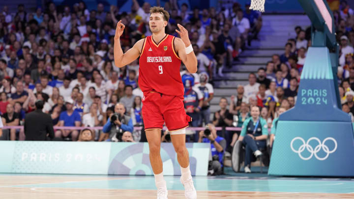 Aug 2, 2024: Germany's Franz Wagner reacts after scoring a three-point shot against France in the first half in a men’s group B basketball game during the Paris 2024 Olympic Summer Games at Stade Pierre-Mauroy.