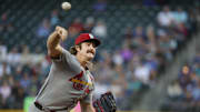 Sep 8, 2025; Seattle, Washington, USA; St. Louis Cardinals starting pitcher Miles Mikolas (39) throws against the Seattle Mariners during the second inning at T-Mobile Park. Mandatory Credit: Joe Nicholson-Imagn Images