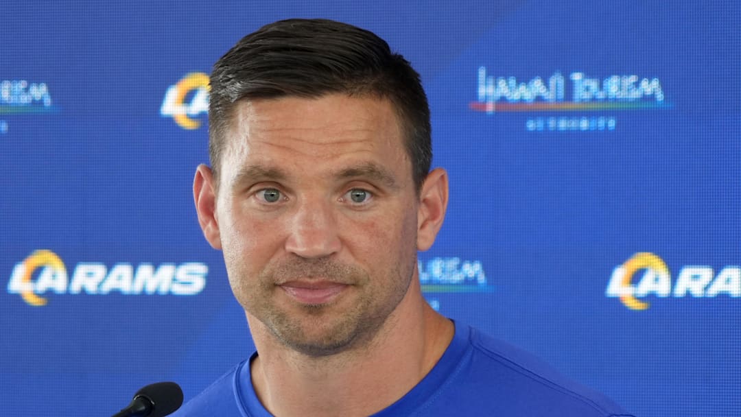 Jun 3, 2025; Woodland Hills, CA, USA; Los Angeles Rams defensive coordinator Chris Shula at press conference during organized team activities at Rams Practice Facility. Mandatory Credit: Kirby Lee-Imagn Images