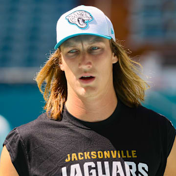 Sep 8, 2024; Miami Gardens, Florida, USA; Jacksonville Jaguars quarterback Trevor Lawrence (16) looks on from the field before the game against the Miami Dolphins at Hard Rock Stadium. Mandatory Credit: Sam Navarro-Imagn Images