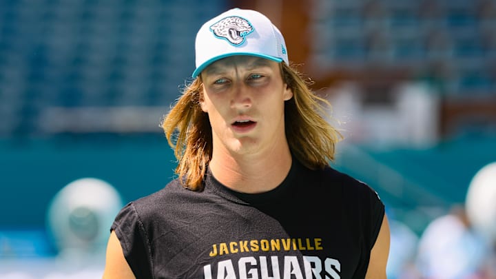 Sep 8, 2024; Miami Gardens, Florida, USA; Jacksonville Jaguars quarterback Trevor Lawrence (16) looks on from the field before the game against the Miami Dolphins at Hard Rock Stadium. Mandatory Credit: Sam Navarro-Imagn Images