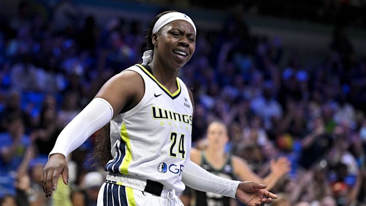 Aug 8, 2025; Arlington, Texas, USA; Dallas Wings guard Arike Ogunbowale (24) in action during the game between the Dallas Wings and the New York Liberty at College Park Center. Mandatory Credit: Jerome Miron-Imagn Images