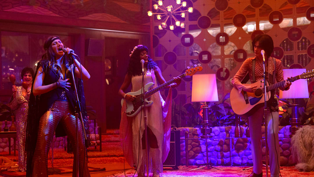 (L-R) Lilia Calderu (Patti LuiPone), Agatha Harkness (Kathryn Hahn), Jennifer Kale (Sasheer Zamata) and Teen (Joe Locke) in Marvel Television's AGATHA ALL ALONG, exclusively on Disney+. Photo by Chuck Zlotnick. © 2024 MARVEL.