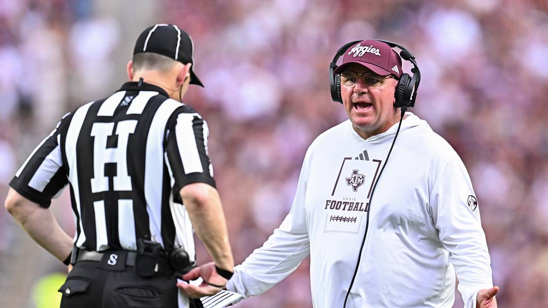 Texas A&M Aggies head coach Mike Elko reacts during the first quarter against the Missouri State Bears at Kyle Field. Texas A&M Aggies head coach Mike Elko reacts during the first quarter against the Missouri State Bears at Kyle Field.