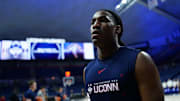 Nov 3, 2025; Storrs, Connecticut, USA; UConn Huskies guard Silas Demary Jr. (2) walks off the court after warming up before the start of the game against the New Haven Chargers at Harry A. Gampel Pavilion. Mandatory Credit: David Butler II-Imagn Images