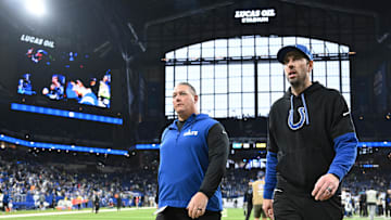 Jan 5, 2025; Indianapolis, Indiana, USA; Indianapolis Colts head coach Shane Steichen walks off the field after the game against the Jacksonville Jaguars at Lucas Oil Stadium. Mandatory Credit: Marc Lebryk-Imagn Images