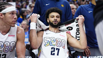 Apr 29, 2025; Denver, Colorado, USA; Denver Nuggets guard Jamal Murray (27) on the bench in the fourth quarter against the LA Clippers during game five of the first round for the 2025 NBA Playoffs at Ball Arena. Mandatory Credit: Ron Chenoy-Imagn Images