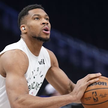 Mar 15, 2025; Milwaukee, Wisconsin, USA;  Milwaukee Bucks forward Giannis Antetokounmpo (34) during warmups prior to the game against the Indiana Pacers at Fiserv Forum. Mandatory Credit: Jeff Hanisch-Imagn Images