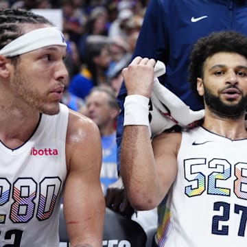 Apr 29, 2025; Denver, Colorado, USA; Denver Nuggets guard Jamal Murray (27) on the bench in the fourth quarter against the LA Clippers during game five of the first round for the 2025 NBA Playoffs at Ball Arena. Mandatory Credit: Ron Chenoy-Imagn Images