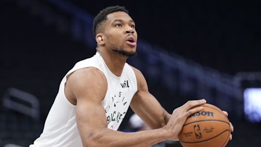 Mar 15, 2025; Milwaukee, Wisconsin, USA;  Milwaukee Bucks forward Giannis Antetokounmpo (34) during warmups prior to the game against the Indiana Pacers at Fiserv Forum. Mandatory Credit: Jeff Hanisch-Imagn Images