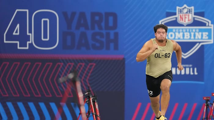 Mar 3, 2024; Indianapolis, IN, USA; Washington offensive lineman Roger Rosengarten (OL62) during the