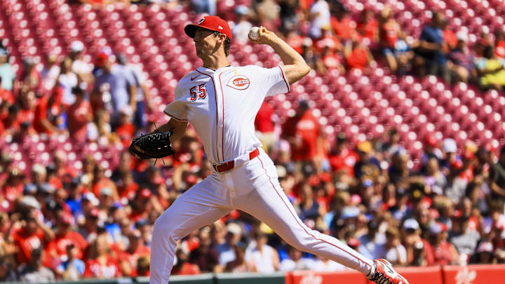 Sep 1, 2024; Cincinnati, Ohio, USA; Cincinnati Reds starting pitcher Brandon Williamson (55) pitches against the Milwaukee Brewers in the first inning at Great American Ball Park. Mandatory Credit: Katie Stratman-Imagn Images