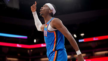 Mar 25, 2025; Sacramento, California, USA; Oklahoma City Thunder guard Shai Gilgeous-Alexander (2) reacts after the Thunder made a basket against the Sacramento Kings in the fourth quarter at the Golden 1 Center. Mandatory Credit: Cary Edmondson-Imagn Images