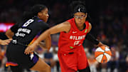 Aug 10, 2025; Phoenix, Arizona, USA; Atlanta Dream guard Allisha Gray (15) moves the ball against Phoenix Mercury guard Monique Akoa Makani (8) in the first half at Footprint Center. Mandatory Credit: Mark J. Rebilas-Imagn Images