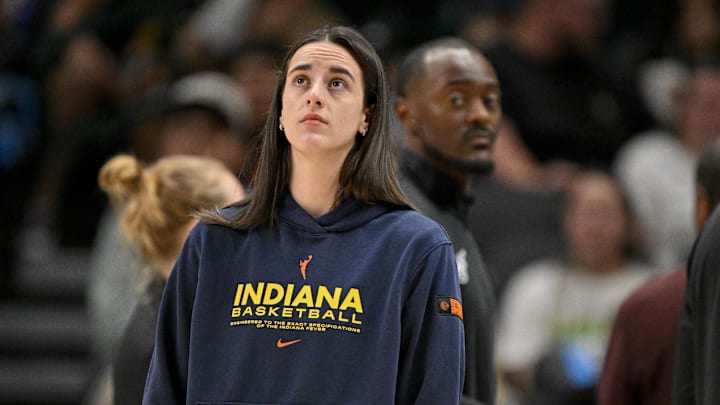 Aug 1, 2025; Dallas, Texas, USA; Indiana Fever guard Caitlin Clark (22) during the game between the Dallas Wings and the Indiana Fever at the American Airlines Center. Mandatory Credit: Jerome Miron-Imagn Images