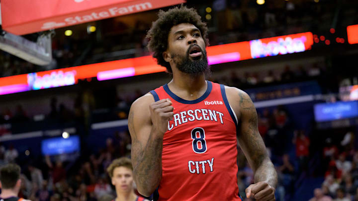 Apr 1, 2024; New Orleans, Louisiana, USA; New Orleans Pelicans forward Naji Marshall (8) reacts after a making a basket and drawing a foul against Phoenix Suns forward Drew Eubanks (14) during the second half at Smoothie King Center. Mandatory Credit: Matthew Hinton-Imagn Images