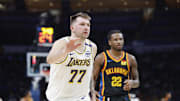 Apr 6, 2025; Oklahoma City, Oklahoma, USA; Los Angeles Lakers guard Luka Doncic (77) runs down the court during the second half against the Oklahoma City Thunder at Paycom Center. Mandatory Credit: Alonzo Adams-Imagn Images