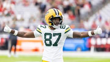 Oct 19, 2025; Glendale, Arizona, USA; Green Bay Packers wide receiver Romeo Doubs (87) against the Arizona Cardinals at State Farm Stadium. Mandatory Credit: Mark J. Rebilas-Imagn Images