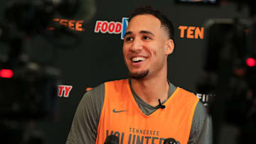 Tennessee guard Ethan Burg (35) answers questions to media before the start of the basketball practice on September 23, 2025, in Knoxville, Tennessee.
