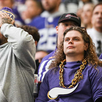 Nov 9, 2025; Minneapolis, Minnesota, USA; Minnesota Vikings fans look on late during the fourth quarter against the Baltimore Ravens at U.S. Bank Stadium. Mandatory Credit: Jeffrey Becker-Imagn Images