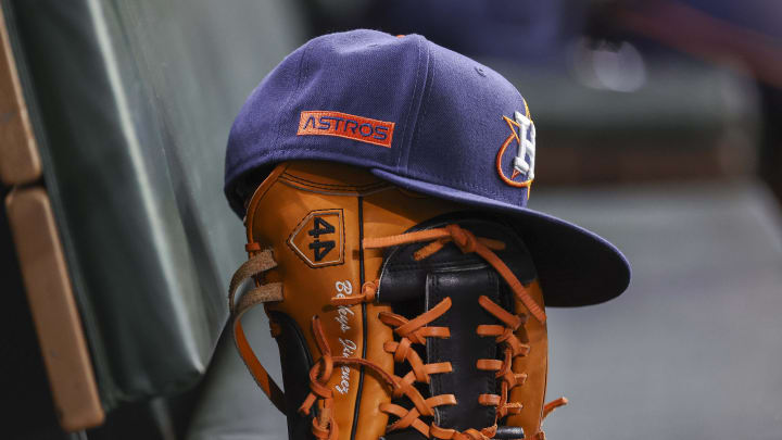 May 1, 2023; Houston, Texas, USA; A view of the cap of Houston Astros relief pitcher Bryan Abreu (52) on the dugout bench before the game against the San Francisco Giants at Minute Maid Park. 