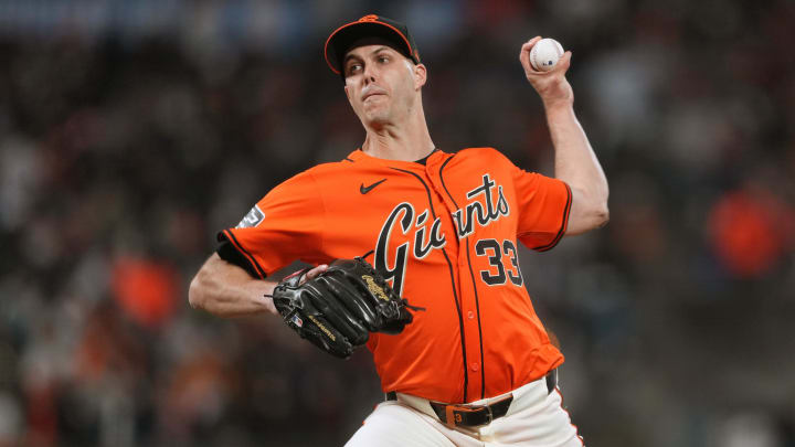 May 31, 2024; San Francisco, California, USA; San Francisco Giants relief pitcher Taylor Rogers (33) throws a pitch against the New York Yankees during the sixth inning at Oracle Park.