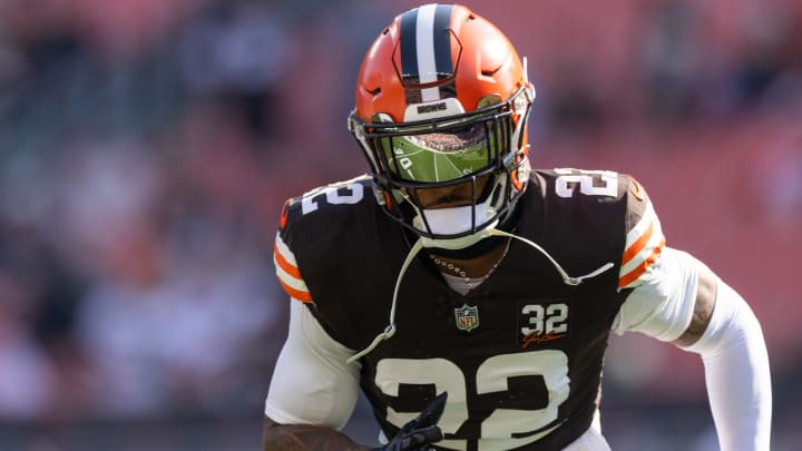 Nov 5, 2023; Cleveland, Ohio, USA; The field is reflected in the visor of Cleveland Browns safety Grant Delpit (22) during warm ups before the game against the Arizona Cardinals at Cleveland Browns Stadium. Mandatory Credit: Scott Galvin-USA TODAY Sports