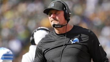 Detroit Lions head coach Dan Campbell looks on against the Green Bay Packers during the first quarter at Lambeau Field.