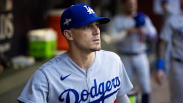 Oct 11, 2023; Phoenix, Arizona, USA; Los Angeles Dodgers outfielder Enrique Hernandez against the Arizona Diamondbacks during game three of the NLDS for the 2023 MLB playoffs at Chase Field. Mandatory Credit: Mark J. Rebilas-USA TODAY Sports
