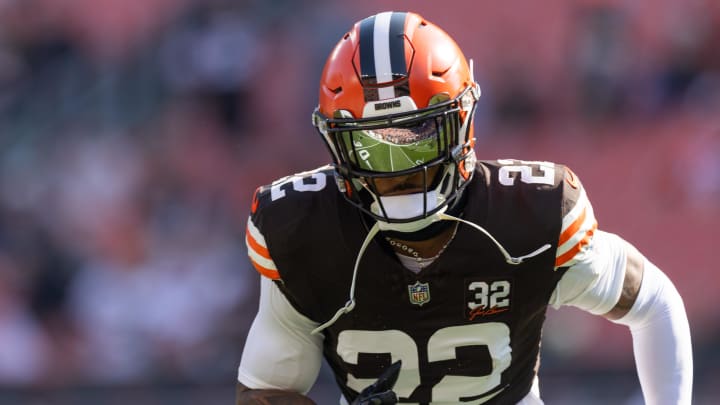 Nov 5, 2023; Cleveland, Ohio, USA; The field is reflected in the visor of Cleveland Browns safety Grant Delpit (22) during warm ups before the game against the Arizona Cardinals at Cleveland Browns Stadium. Mandatory Credit: Scott Galvin-USA TODAY Sports