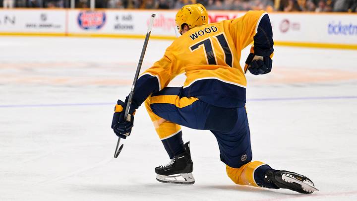 Feb 26, 2026; Nashville, Tennessee, USA; Nashville Predators right wing Matthew Wood (71) celebrates scoring against the Chicago Blackhawks during the third period at Bridgestone Arena. Mandatory Credit: Steve Roberts-Imagn Images Feb 26, 2026; Nashville, Tennessee, USA; Nashville Predators right wing Matthew Wood (71) celebrates scoring against the Chicago Blackhawks during the third period at Bridgestone Arena. Mandatory Credit: Steve Roberts-Imagn Images