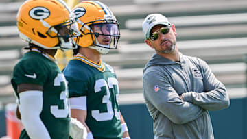 Jun 11, 2025; Green Bay, WI, USA;  Green Bay Packers head coach Matt LaFleur participates in the team's minicamp at Ray Nitschke Field. Mandatory Credit: Benny Sieu-Imagn Images