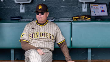 Aug 13, 2025; San Francisco, California, USA;  San Diego Padres manager Mike Shildt sits in the dugout before the game against the San Francisco Giants at Oracle Park. Mandatory Credit: Bob Kupbens-Imagn Images