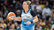 Aug 30, 2025; Seattle, Washington, USA; Chicago Sky guard Rachel Banham (24) dribbles the ball against the Seattle Storm at Climate Pledge Arena. Mandatory Credit: Stephen Brashear-Imagn Images