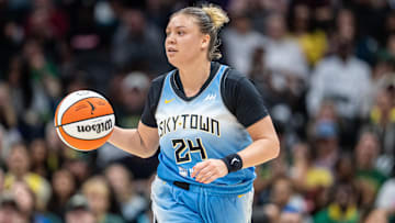 Aug 30, 2025; Seattle, Washington, USA; Chicago Sky guard Rachel Banham (24) dribbles the ball against the Seattle Storm at Climate Pledge Arena. Mandatory Credit: Stephen Brashear-Imagn Images