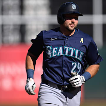 Seattle Mariners catcher Cal Raleigh runs after a home run against the Oakland Athletics on Monday at Oakland Coliseum.