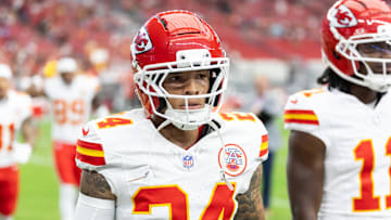 Aug 9, 2025; Glendale, Arizona, USA; Kansas City Chiefs wide receiver Skyy Moore (24) against the Arizona Cardinals during a preseason NFL game at State Farm Stadium. Mandatory Credit: Mark J. Rebilas-Imagn Images
