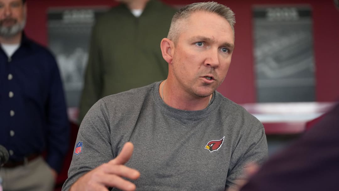 Arizona Cardinals tight ends coach Ben Steele speaks with the media as he is introduced as a new hire with fellow coaches at the Cardinals facility in Tempe on March 8, 2023.

Nfl Cardinals Offensive Assistant Coaches Introduction