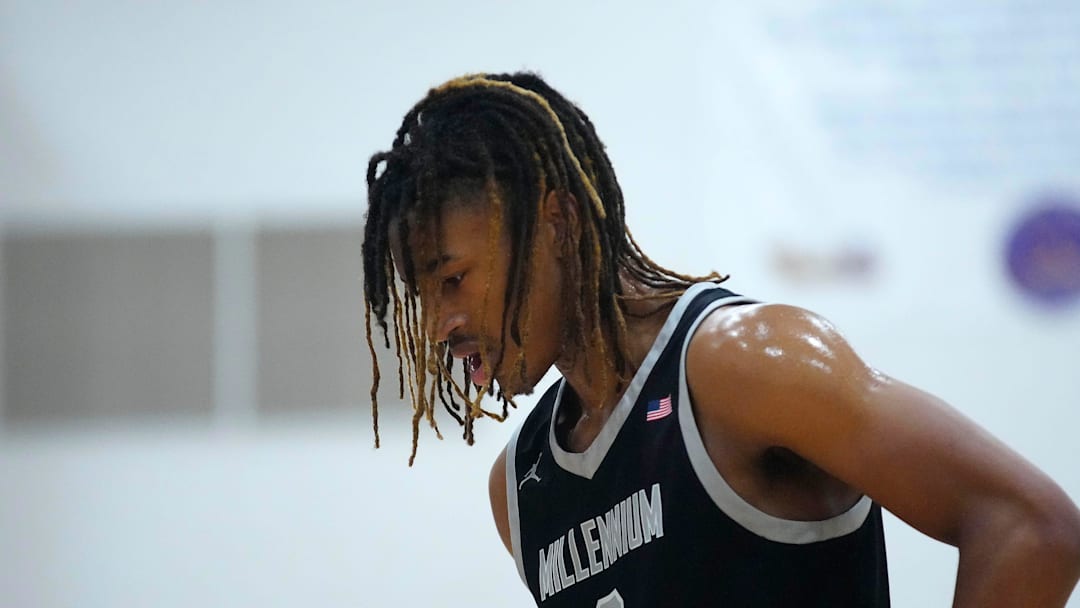 Feb. 2, 2024; Scottsdale, Ariz; USA; Feb. 1, 2024; Millennium forward Cameron Holmes (3) reacts after fouling against Notre Dame Prep during a game at Notre Dame Prep.