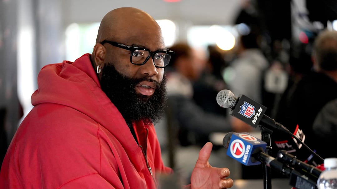 Feb 4, 2026; Santa Clara, CA, USA; New England Patriots tackle Morgan Moses (76) speaks to the media at the Santa Clara Marriott. Mandatory Credit: Cary Edmondson-Imagn Images