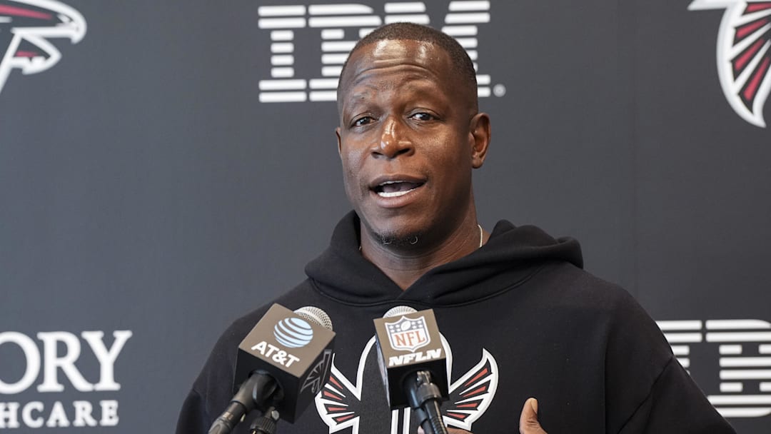 Jul 24, 2025; Flowery Branch, GA, USA; Atlanta Falcons head coach Raheem Morris addresses the media on the first day of practice during training camp at IBM Performance Field. Mandatory Credit: Dale Zanine-Imagn Images