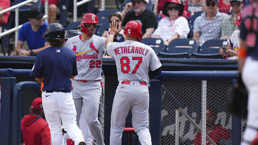 Mar 5, 2025; West Palm Beach, Florida, USA; St. Louis Cardinals left feilder JJ Wetherholt (87) celebrates after scoring against the Houston Astros during the second inning at CACTI Park of the Palm Beaches. Mandatory Credit: Rich Storry-Imagn Images