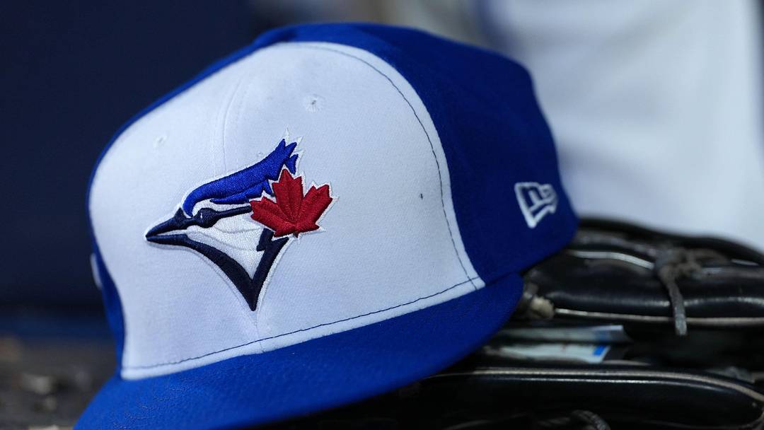 Nov 1, 2025; Toronto, Ontario, CAN; A detailed view of a Toronto Blue Jays hat in the sixth inning for game seven of the 2025 MLB World Series at Rogers Centre. Mandatory Credit: Nick Turchiaro-Imagn Images