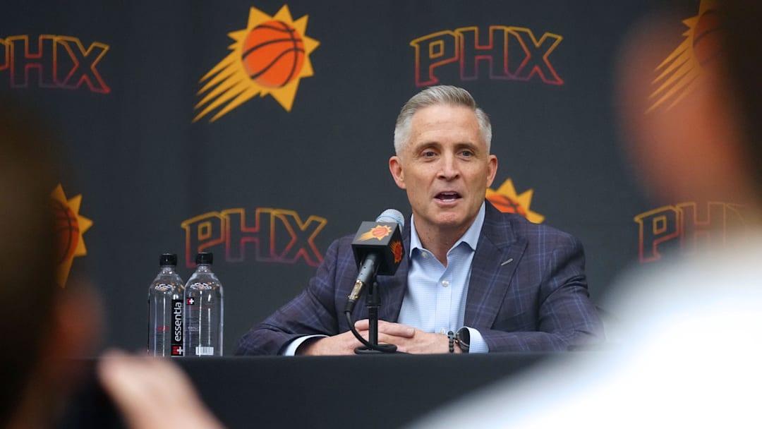 Suns general manager Brian Gregory speaks during his introductory news conference on May 6, 2025, in Phoenix.