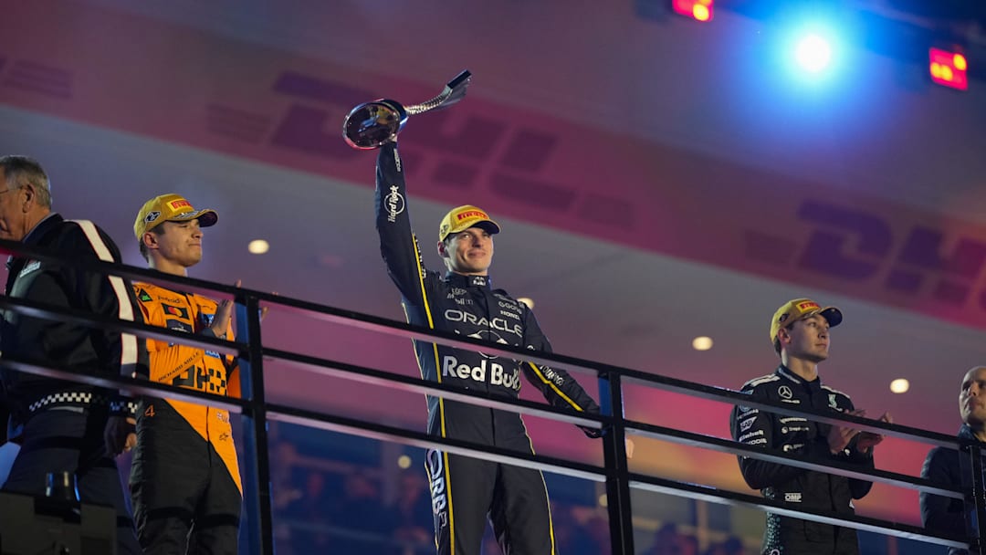 Nov 22, 2025; Las Vegas, NV, USA; Red Bull Racing driver Max Verstappen (1) celebrates after winning the Las Vegas Grand Prix at the Las Vegas Strip Circuit. Mandatory Credit: Lucas Peltier-Imagn Images Nov 22, 2025; Las Vegas, NV, USA; Red Bull Racing driver Max Verstappen (1) celebrates after winning the Las Vegas Grand Prix at the Las Vegas Strip Circuit. Mandatory Credit: Lucas Peltier-Imagn Images