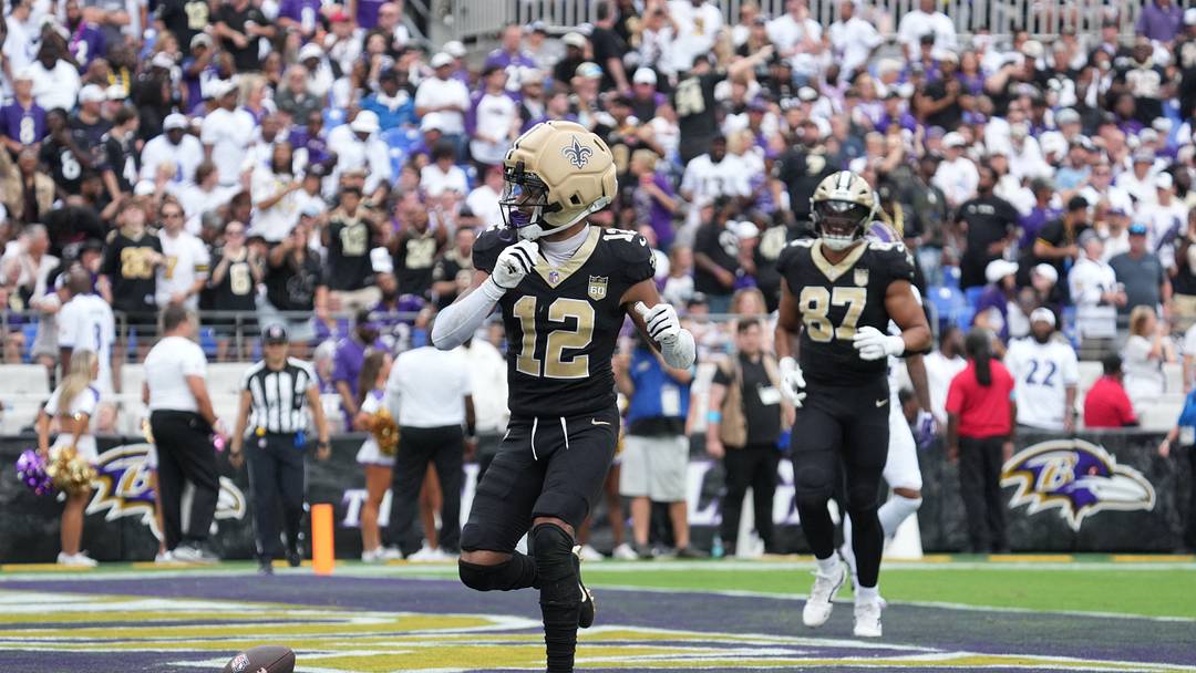 Sep 20, 2026; Baltimore, Maryland, USA; New Orleans Saints wide receiver Chris Olave (12) celebrates a touchdown in the fourth quarter against the Baltimore Ravens at M&T Bank Stadium. Mandatory Credit: James Lang-Imagn Images Sep 20, 2026; Baltimore, Maryland, USA; New Orleans Saints wide receiver Chris Olave (12) celebrates a touchdown in the fourth quarter against the Baltimore Ravens at M&T Bank Stadium. Mandatory Credit: James Lang-Imagn Images