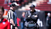 Cincinnati Bearcats head coach Scott Satterfield smiles during the Cincinnati Bearcats football spring practice at Nippert Stadium on Saturday, April 12, 2025.